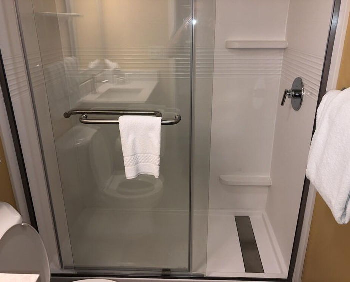 Hotel Bathroom Shower Pan and Wall Panel with Sliding Glass Door