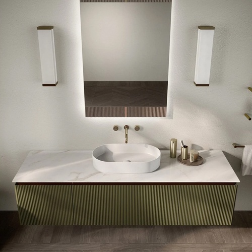 Modern Italian bathroom vanity in marble Calacatta Oro top