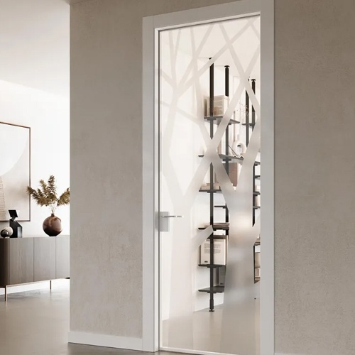 Swing door in etched carving glass panel