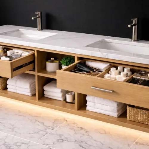 How to Create a Hotel-Style Bathroom with Floating Vanities and Open Shelving
