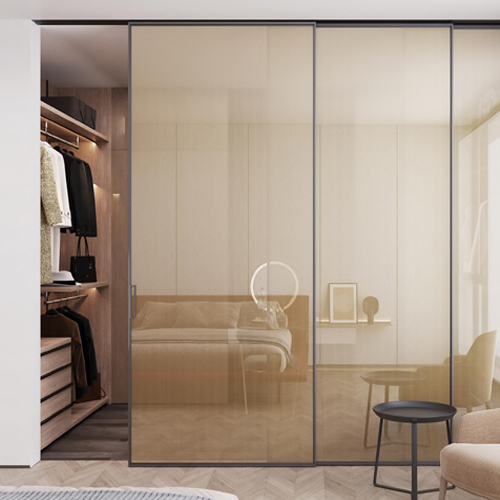 Sliding glass wall for bedroom and closet fabric laminated glass