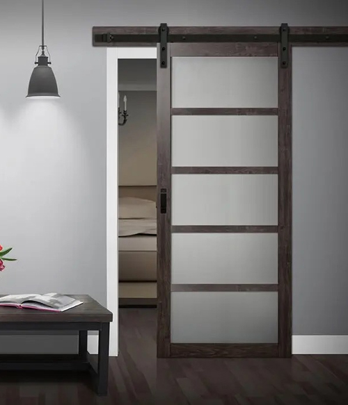 modern sliding wood framed glass barn door