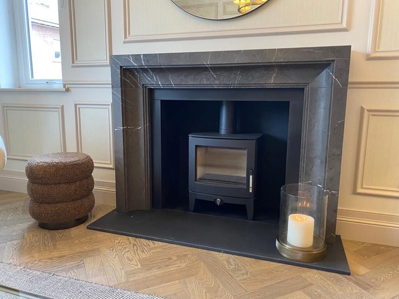 marble pietra grey fireplace mantel