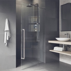 Adjustable frameless pivot shower door in stainless steel