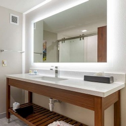 Bathroom Quartz Vanity top with Buildup Edge and Slat Wooden Storage Shelf