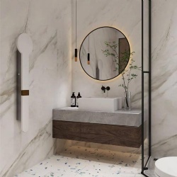 Bathroom lavatory marble vanitytop with walnut wood tone millwork