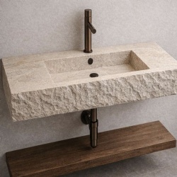 Beige travertine floating wall sink Textured front natural stone vanity