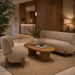 Curved sofas and sculptural accent chairs