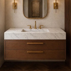 Custom Carrara marble sink luxury floating vanity with wooden vanity cabinet