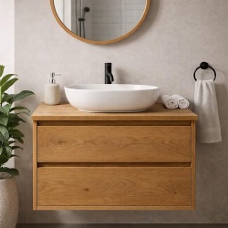 Floating oak bathroom vanity wall mounted sink cabinet soft close drawers