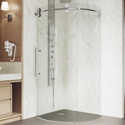 Frameless round sliding door shower enclosure with left-sided opening