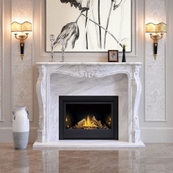 French fireplace mantel with intricate patterns on jamb and frieze