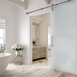 Glass barn door with acid etched or sandblasted frosted glass panel