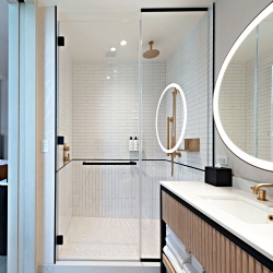 Glass shower door in Tempo by Hilton Standard guest room bathroom