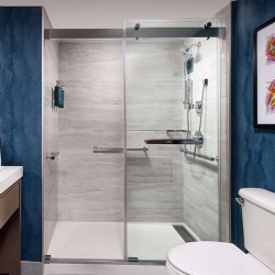 Glass shower door with antisplash threshold and solid surface shower base for Doubletree by Hilton