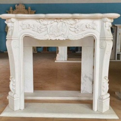 Graceful French Louis XV Style Hand Carved White Marble Fireplace Mantle