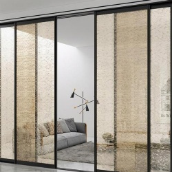 Interior panoramic aluminum door with fabric laminated decorative glass
