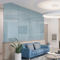Laminated glass with blue fabric interlayer