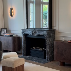 Louis XV inspired marble fireplace mantel for formal dining room