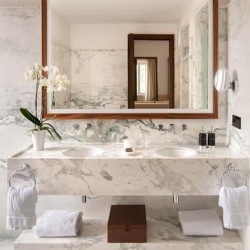 Luxury Hotel Bathroom Showcasing Arabescato Marble Countertop Vanity