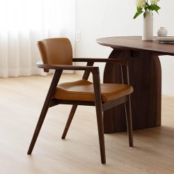 Mid Century Modern Solid Walnut Dining Chair with Leather Upholstery