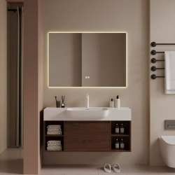 Modern bath vanity set wtih solid surface counter and wood base