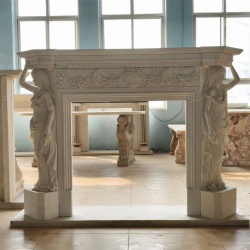 Monumental Neoclassical Hand Carved Marble Fireplace Mantle With Caryatid Figure