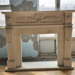 Neoclassical hand made white marble fireplace mantel with laurel and rosette