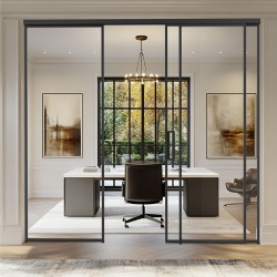 Three door room divider with architectural metal and tempered glass