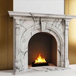 White Marble Arch Fireplace Mantel with Fluted Columns