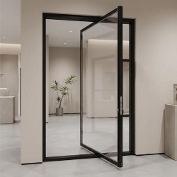aluminum pivot door with oversized panel