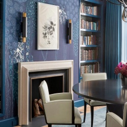 limestone bolection mantelpiece and wall artwork