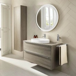 powder room wood vanity and sanitary ware