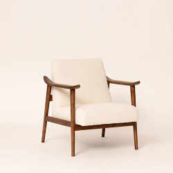 walnut wood armchair upholstered boucle fabric